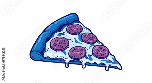 A blue-crusted pizza slice with purple pepperoni and dripping white cheese