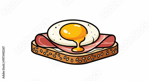 A close-up cartoon of a slice of toast topped with ham and a fried egg with dripping yolk
