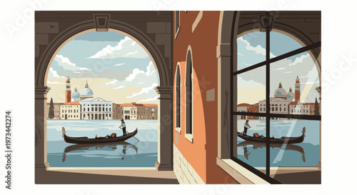 Archway frames canal view with gondola and domed buildings, reflected in water