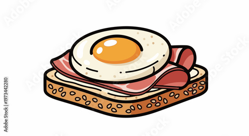 Whimsical illustration of a breakfast sandwich with fried egg, ham, and seeded bread