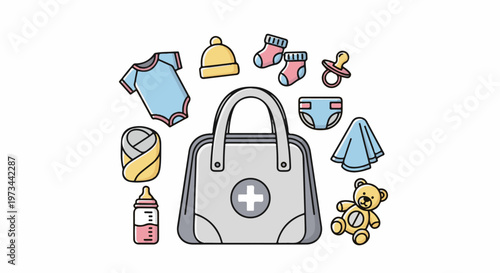 A collection of baby essentials and a medical bag