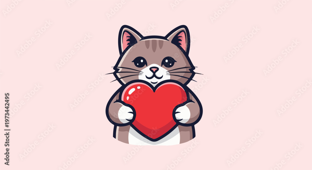 Fototapeta premium A cartoon cat with big eyes and stripes holds a bright red heart