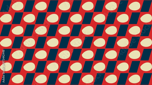 Geometric eggs on red background: A visually stimulating pattern of geometric eggs and rectangles set against a bold red backdrop creates a vibrant and abstract design. 