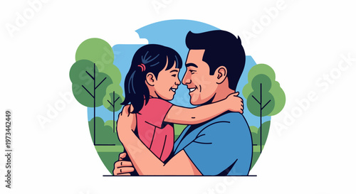 A father and daughter embrace lovingly in a park setting, surrounded by trees and blue sky