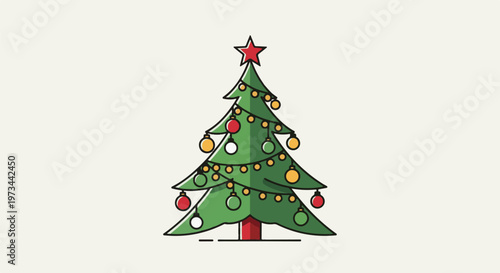 Flat illustration of a decorated evergreen Christmas tree with lights, ornaments, and a star topper