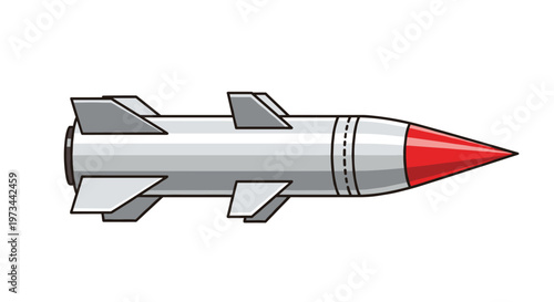 Sleek silver missile with sharp red nose cone and stabilizing fins, rendered with clean vector lines and bold black outlines, showcasing a minimalist design with a striking