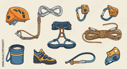 Illustrated climbing gear laid out on a neutral background, including helmet, harness, ropes, carabiners, and footwear