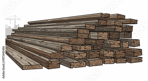 A pile of weathered, stacked lumber with a faint industrial silhouette in the background