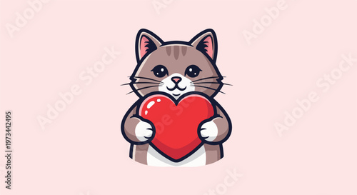 A cartoon cat with big eyes and stripes holds a bright red heart