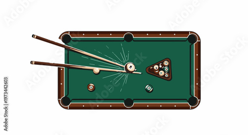 A billiard table with cues striking balls, set up for a game