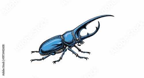 A detailed, pixelated illustration of a vibrant blue rhinoceros beetle with prominent horns on a white background