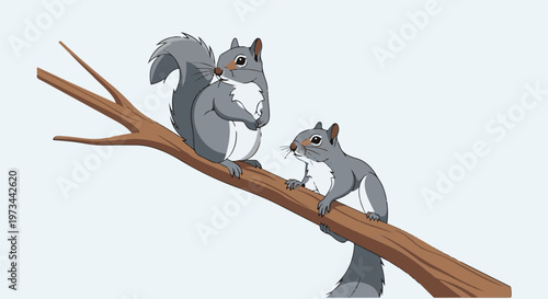 Two gray cartoon squirrels perched on a brown tree branch, one looking up