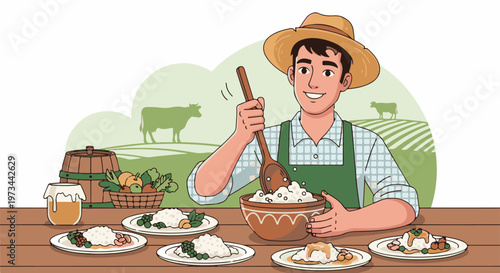 Farmer in straw hat prepares a meal of rice dishes on a table, with cows in the background