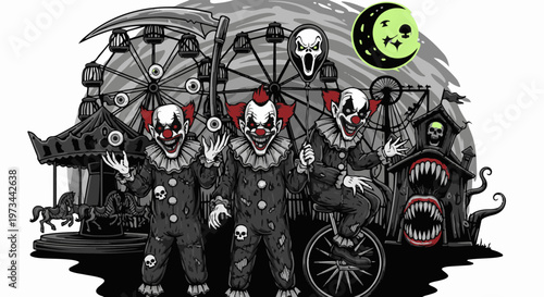 Spooky clowns gather at a creepy carnival under a crescent moon