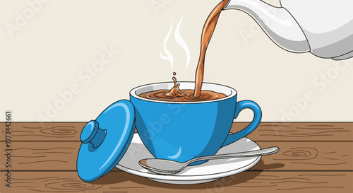 A blue mug of steaming hot liquid is being poured into, with a lid and spoon on a wooden table