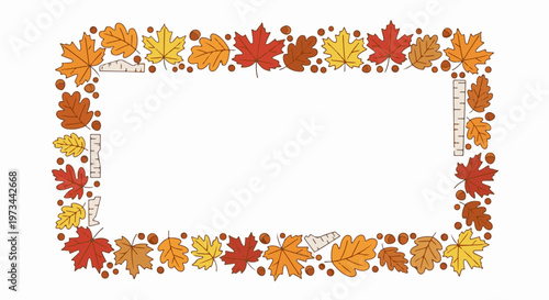 Autumn leaves frame with small wood pieces and dots border