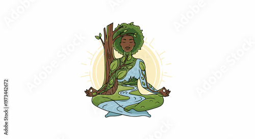 A person meditates, embodying a serene landscape with a tree and river