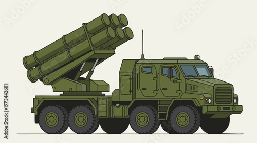 Military rocket launcher truck. Heavy army vehicle for defense. Tactical weapon vector.
