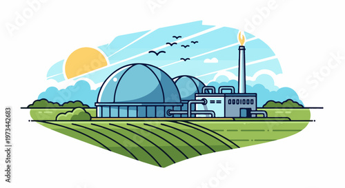 Industrial facility with domed tanks, a smokestack with flame, and a field under a sunny sky