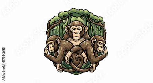 Three monkeys in a forest setting, depicted with cartoon-like features and bold outlines