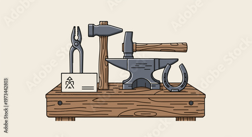 Stylized illustration of blacksmith tools anvil, hammers, tongs, and horseshoe