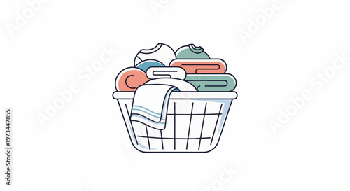 A wire basket overflows with neatly folded clothes and a towel, in a minimalist style