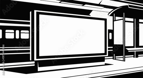Modern stark black and white graphic of a train station platform with a large billboard