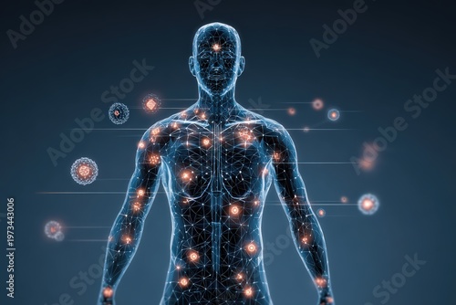 Glowing representation of the human body showing various allergic reactions and allergens affecting health in a modern digital style