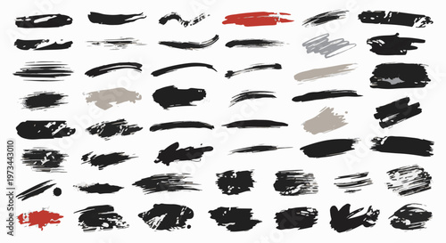 Collection of diverse black, gray, and red abstract brush stroke textures