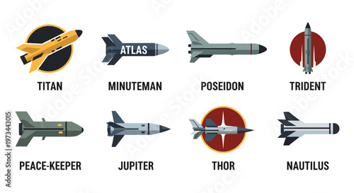 Collection of stylized, flat design missiles and rockets featuring clean lines, geometric shapes, and a limited color palette of gray, blue, yellow, and black, perfect for
