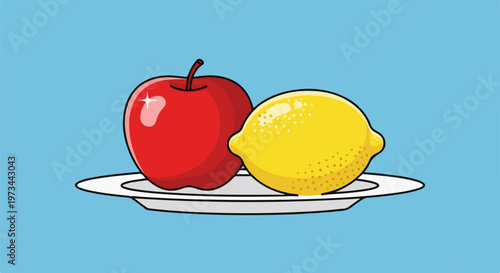 A bright red apple and a yellow lemon sit on a white plate against a blue background