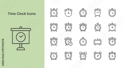 Diverse collection of time and clock vector icons for scheduling and alarm graphic design needs