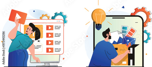 Creative minds engaging with digital content and innovative ideas on mobile devices