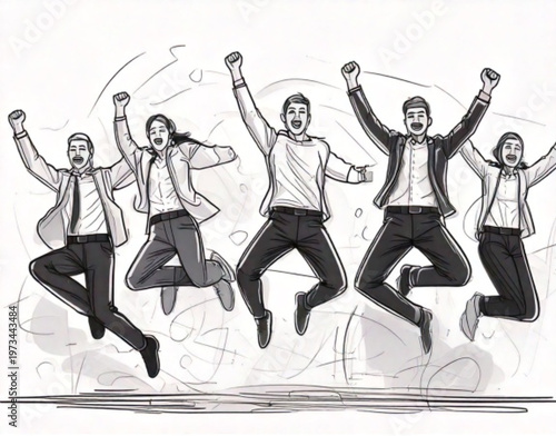 Diverse group of business people celebrating success jumping in the air.