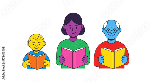 Three diverse individuals of different ages reading books, representing lifelong learning.