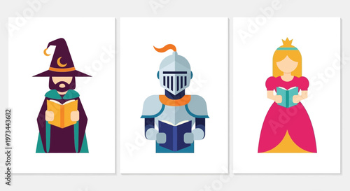 Three fantasy characters - a wizard, a knight, and a princess, each reading a book.