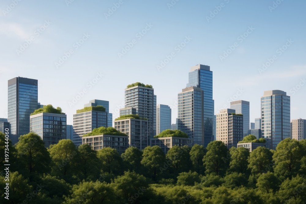 Fototapeta premium Modern city skyline with eco-friendly buildings and green rooftops surrounded by dense forest under clear blue sky in bright daylight. Ai generative