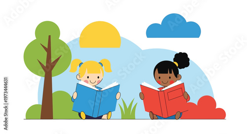 Two diverse young girls happily reading books outdoors under the sun.