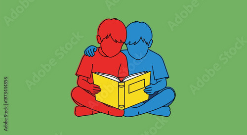 Two young boys reading a book together, sharing a moment of learning.