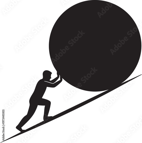 Determined individual pushing a massive boulder up a steep incline