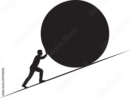 A person pushing an enormous sphere up a steep incline with determination