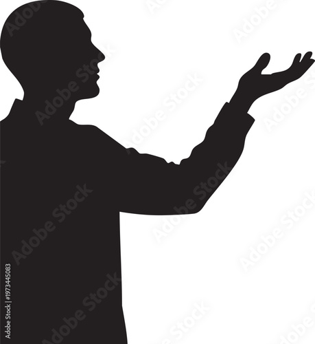 Silhouette of a person gesturing with an open palm towards the viewer