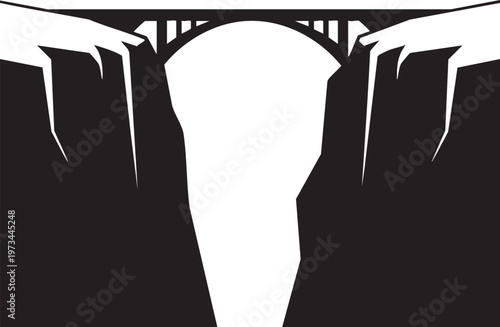 A striking illustration of an arch bridge spanning a deep, icy gorge with jagged cliffs.