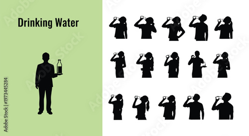 Diverse vector graphic illustration of people silhouettes actively drinking water for hydration and refreshment.