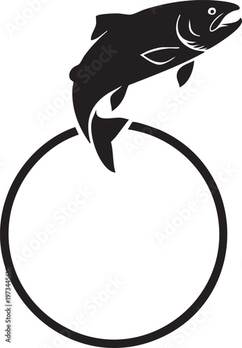 Black silhouette of a salmon leaping over a circular boundary line