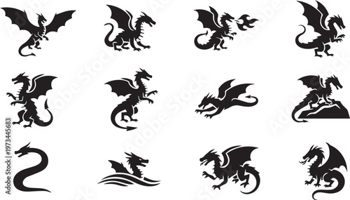 Flying Dragon Silhouette Set, Mythical Winged Beast Icons
