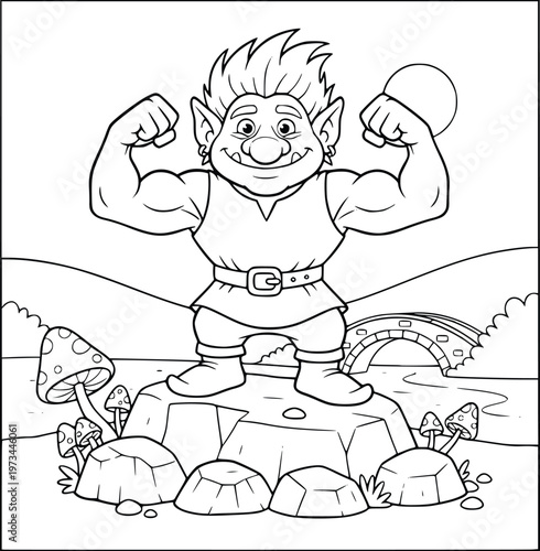 Mythology strong troll coloring page flexing his muscles on a stone rock
