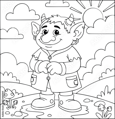Mythological creature coloring page featuring a happy troll in nature