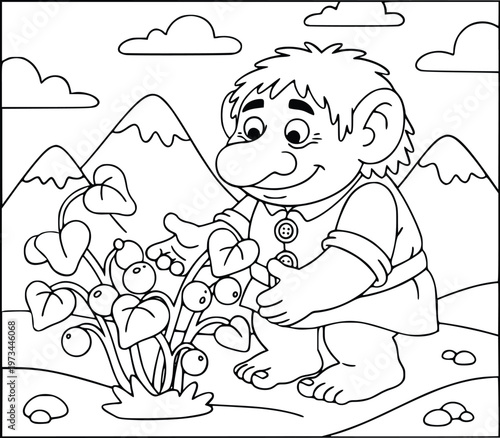 Mythology troll coloring page picking berries in a mountain landscape
