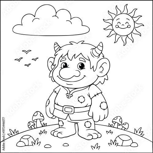 Mythology themed coloring page with a happy horned troll under a smiling sun